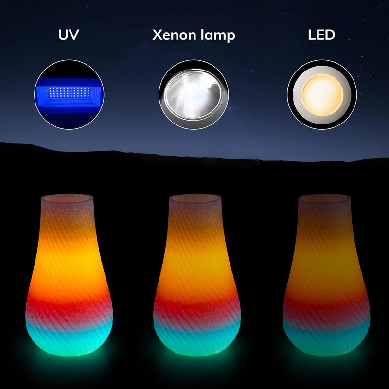 Amolen PLA glow in the dark filament variety pack with four 200g spools, showcasing vibrant, glowing filament colors.