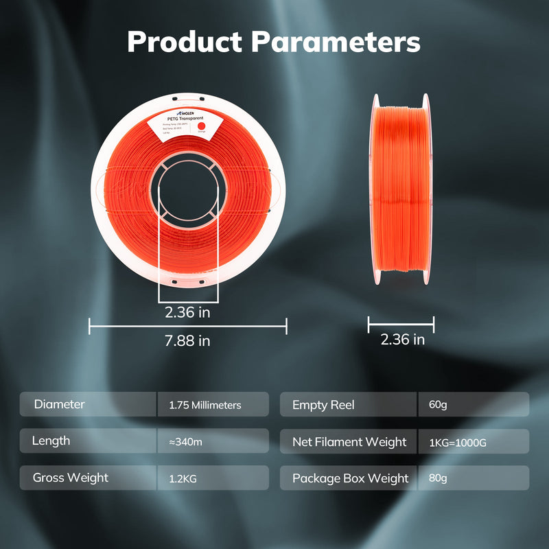 Clear PETG filament from Amolen, 1.75mm diameter, 1KG spool, showing the transparent, glossy plastic filament coiled neatly.