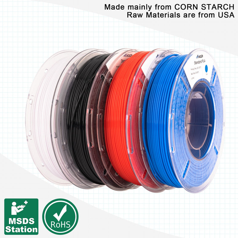 Amolen PLA Basic Variety Pack with four 250g spools of 1.75mm filament, showing colorful filament rolls for 3D printing.