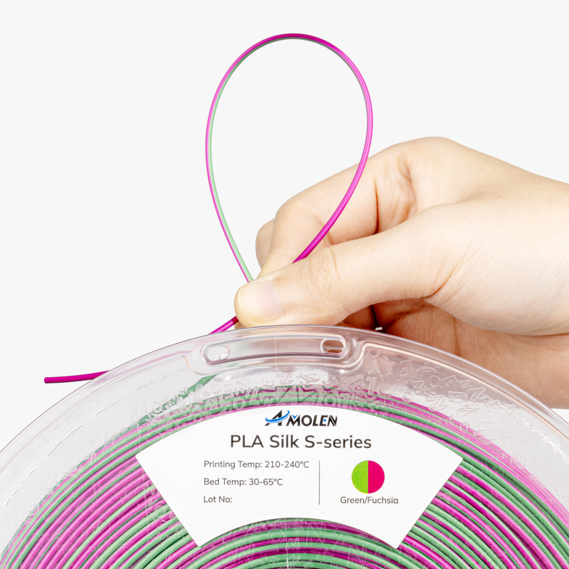 Amolen PLA Silk S-Series filament spool, 1.75mm diameter, 1kg, with shiny silk finish visible on the spool.