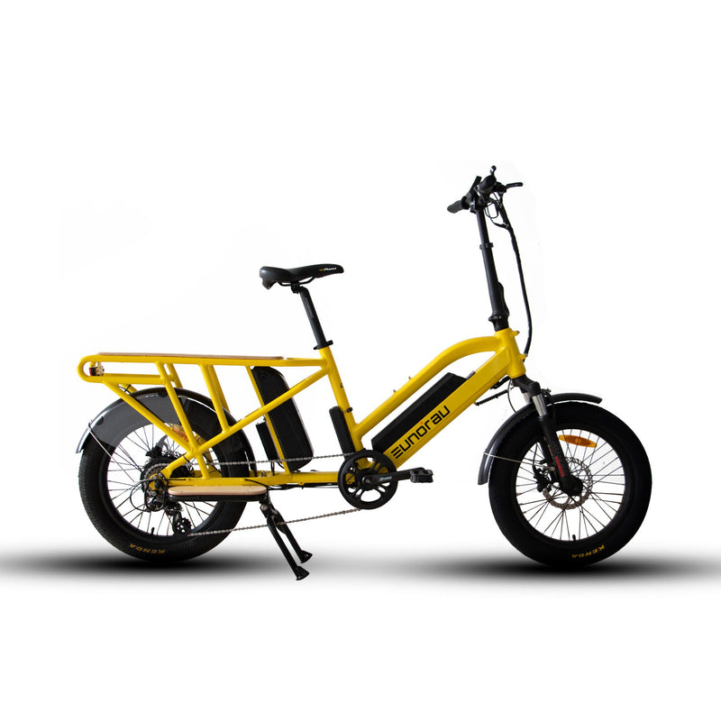 EUNORAU E-BIKE US G30-CARGO 2.0 electric bicycle with cargo rack and black frame, showcasing its sturdy design and handlebars.