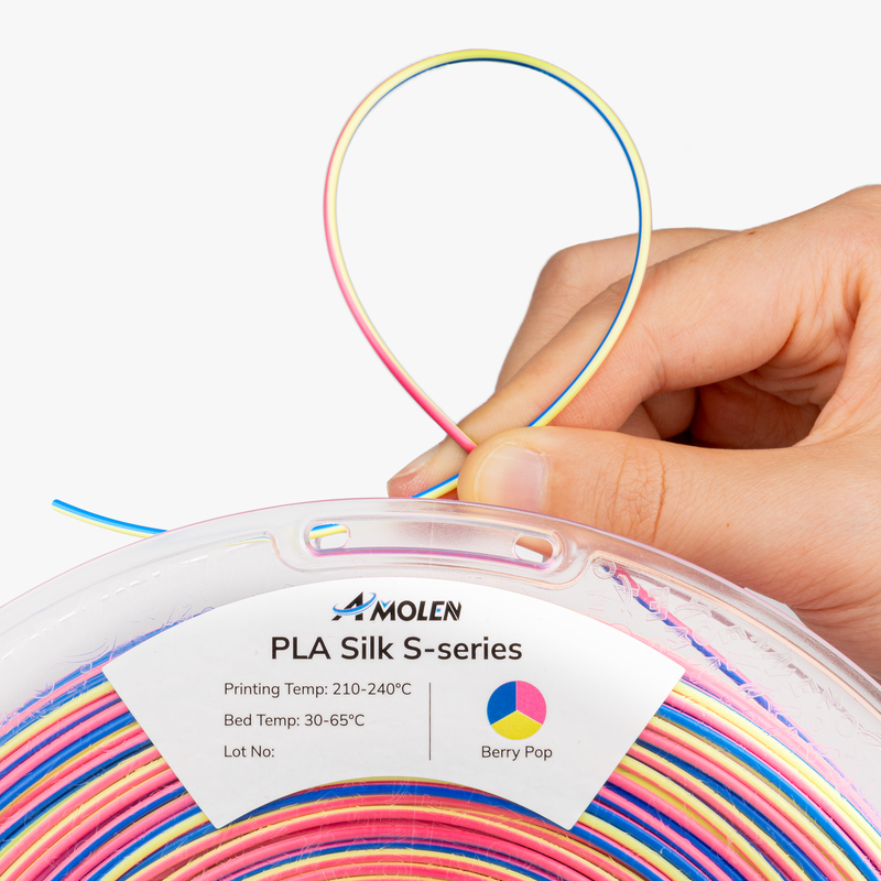 Amolen PLA Silk S-Series filament spool in 1.75mm, 1kg, showcasing shiny, smooth filament for 3D printing.