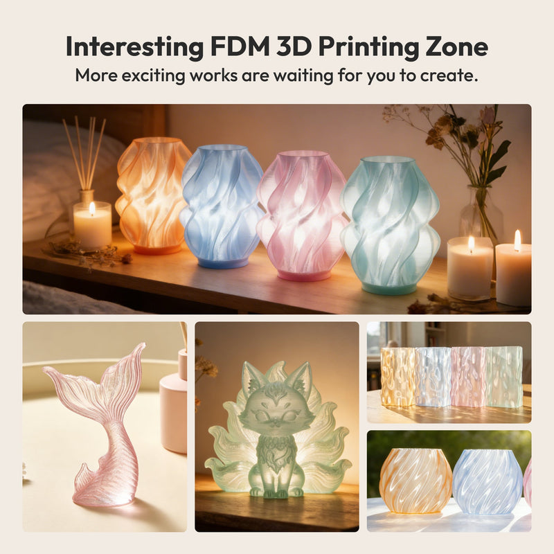 Amolen PLA crystal-transparent gradient 4x200g filament pack showing colorful, glossy 3D printer filament spools in various shades.