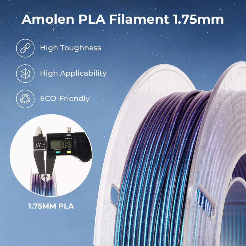 Amolen PLA Galaxy Sparkle & Shiny Variety Pack with four 200g spools of colorful, shiny filament for 3D printing.