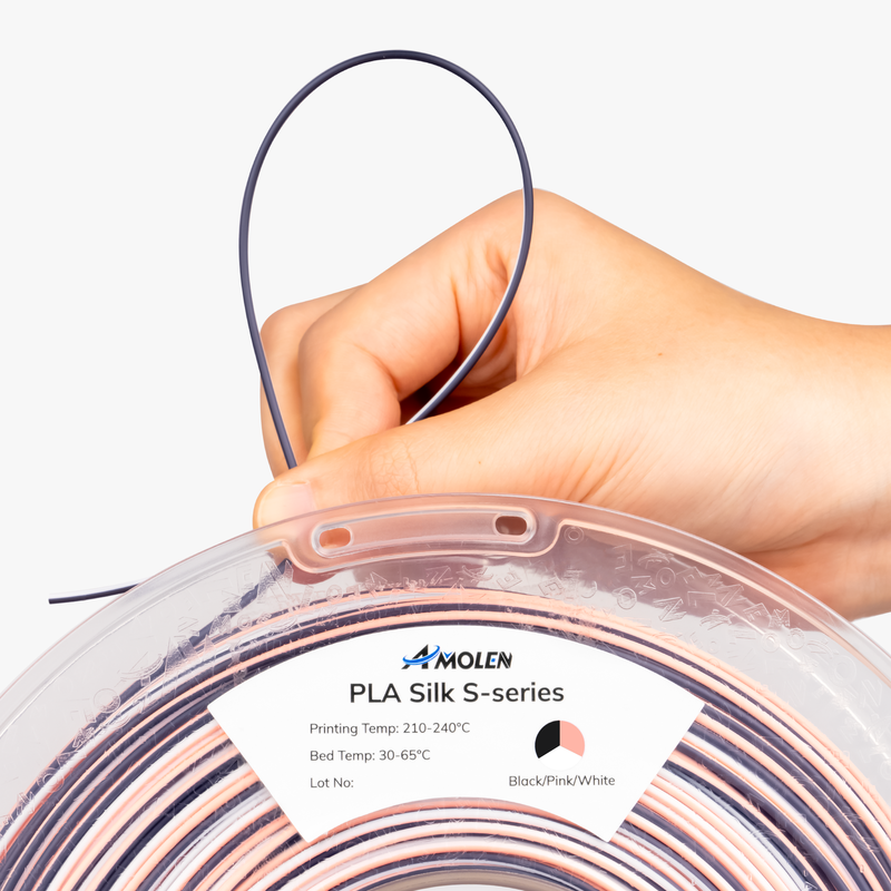 Amolen PLA Silk S-Series filament spool with 1.75mm diameter, 1kg weight, featuring shiny silk-like finish in vibrant colors