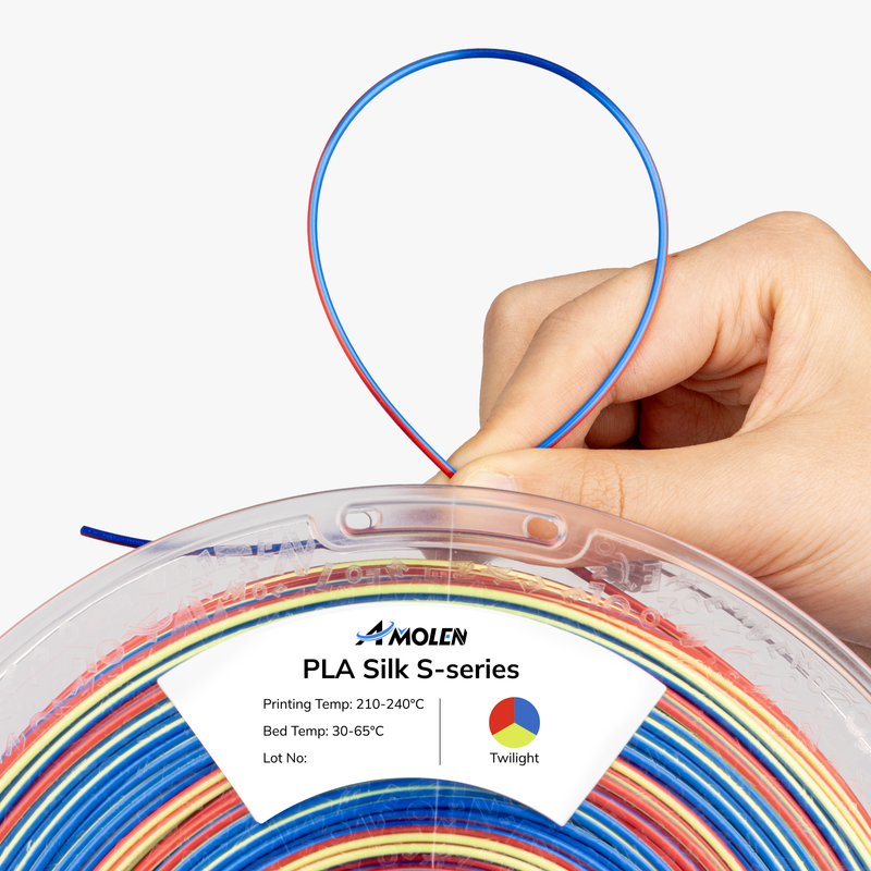 Amolen PLA Silk S-Series filament spool with 1.75mm diameter, 1kg weight, showcasing shiny, smooth silk-like 3D printing filament