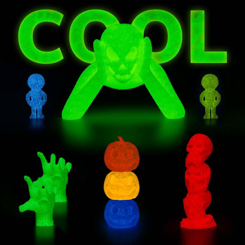 Amolen PLA glow-in-the-dark filament spool showing vibrant green filament for 3D printing, 1.75mm diameter, 1kg weight