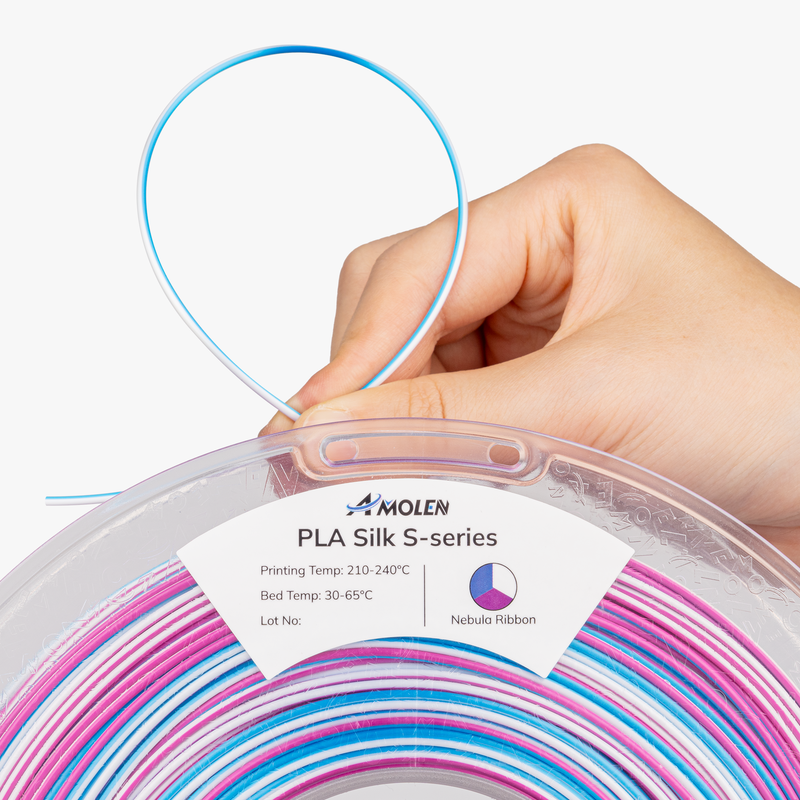 Amolen PLA Silk S-Series 1.75mm filament spool, 1KG, glossy silk finish for 3D printing, shown in a close-up image.