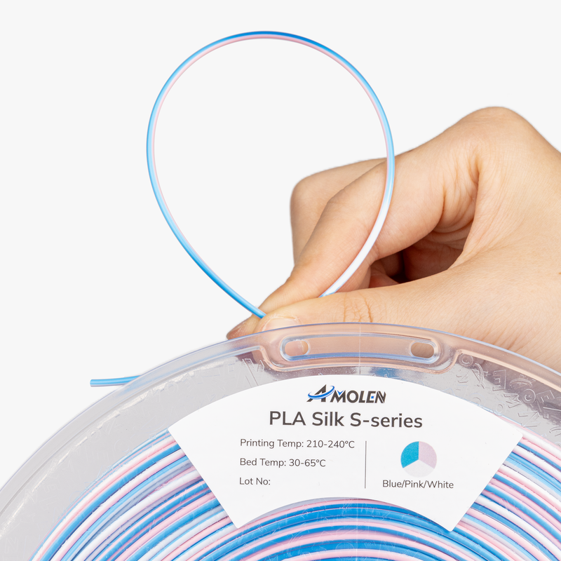 Amolen PLA Silk S-Series filament 1.75mm, 1kg spool showing shiny, smooth silk-like surface and vibrant color.