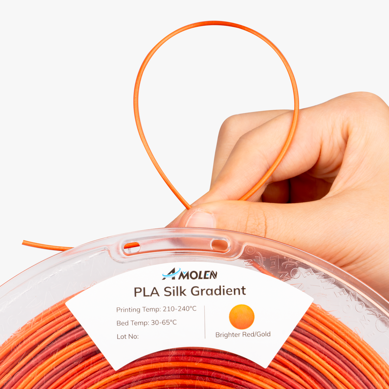 Spools of Amolen PLA Silk Shiny Gradient 1.75mm 3D printing filament in vibrant colors, showcasing glossy, smooth filament strands.
