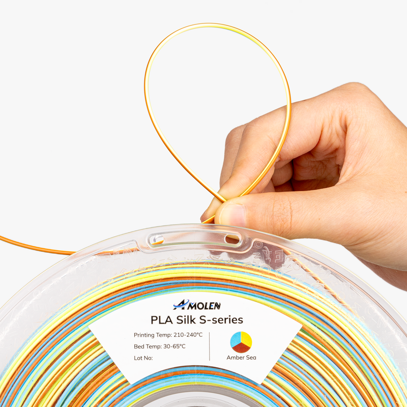 Spools of Amolen PLA Silk S-Series 1.75mm filament in 1kg spool, showcasing shiny, smooth 3D printing filament.