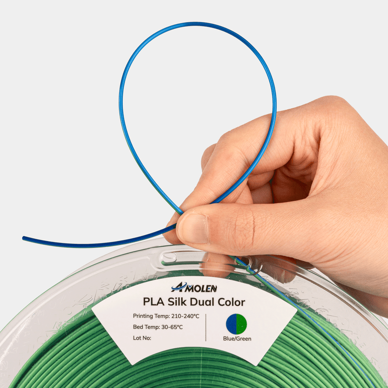 Amolen PLA Silk dual color filament spool, 1.75mm, 1kg, showcasing vibrant silk finish and colorful filament strands.