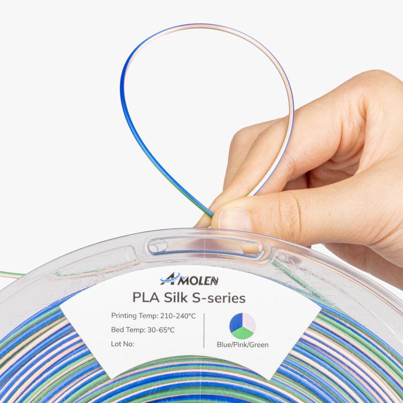 Amolen PLA Silk S-Series filament spool showing glossy, silk-like 1.75mm 3D printing filament in a clear plastic spool