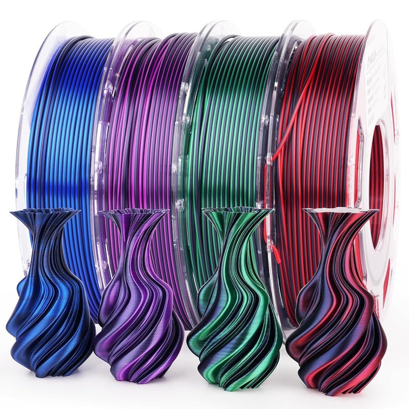 Amolen PLA Silk dual color variety pack with 4x200g spools of 1.75mm filament, showcasing vibrant dual-color 3D printing filament.
