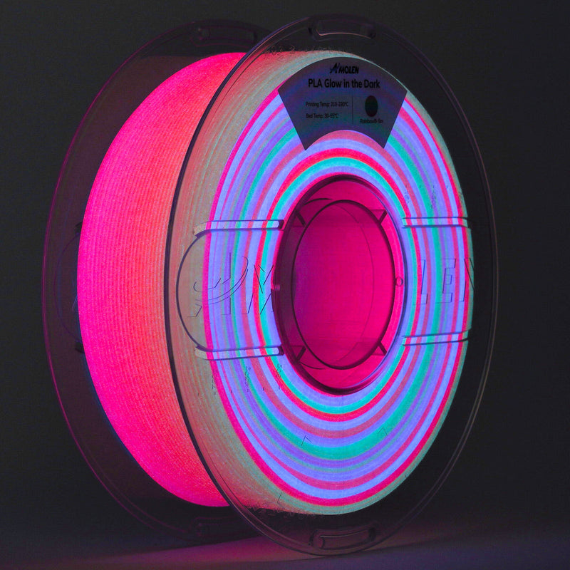 Amolen PLA glow-in-the-dark 1.75mm filament spool, 5 meters visible, showcasing the darkening glow-in-the-dark feature.