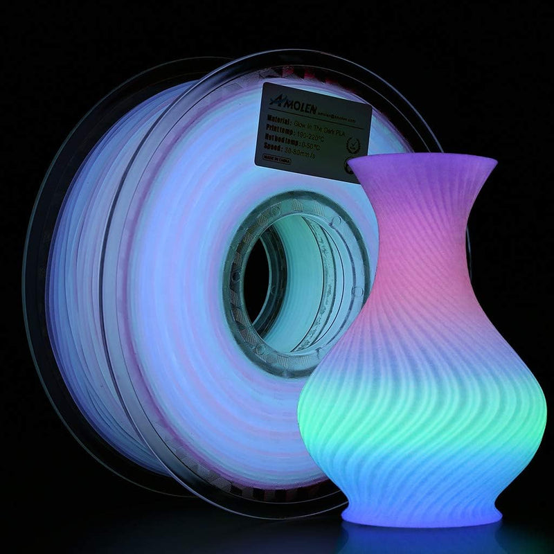 Amolen PLA glow-in-the-dark filament spool, 1.75mm diameter, 1kg/2.2lb for 3D printing, shown in a close-up image.