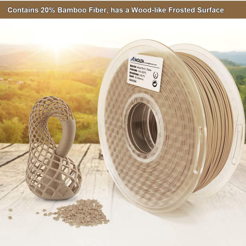 Amolen PLA Wood 1.75mm 1kg spool showing textured wood-like filament for 3D printing.