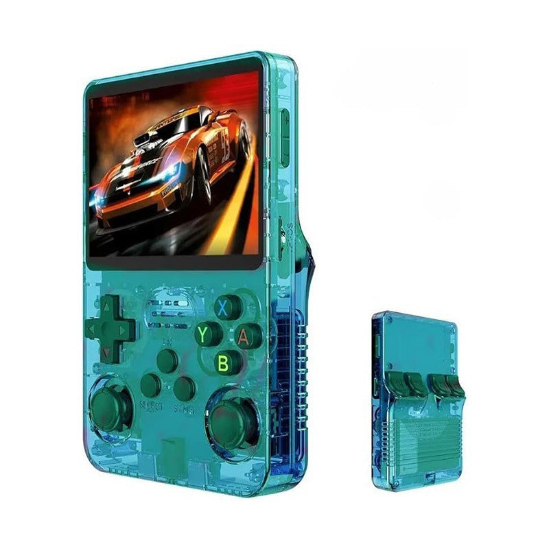 American Smart R36S portable handheld retro arcade joystick gaming console with colorful buttons and open-source design.