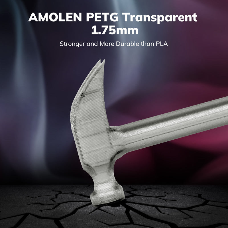 Transparent PETG variety pack by Amolen with four 250g rolls, showcasing clear, flexible filament for 3D printing.