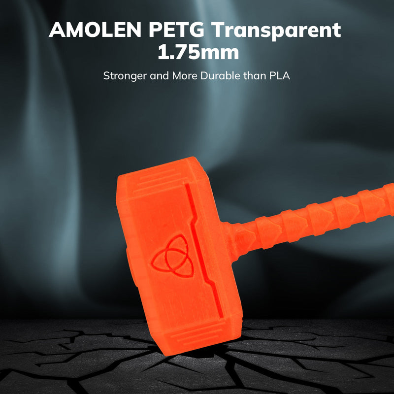 Spools of transparent Amolen PETG filament, 1.75mm diameter, 1kg weight, ideal for 3D printing projects.