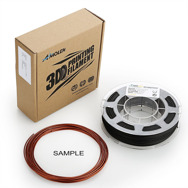 Amolen PLA Conductive 1.75mm filament spool showing 200g of flexible, electrically conductive 3D printing filament.