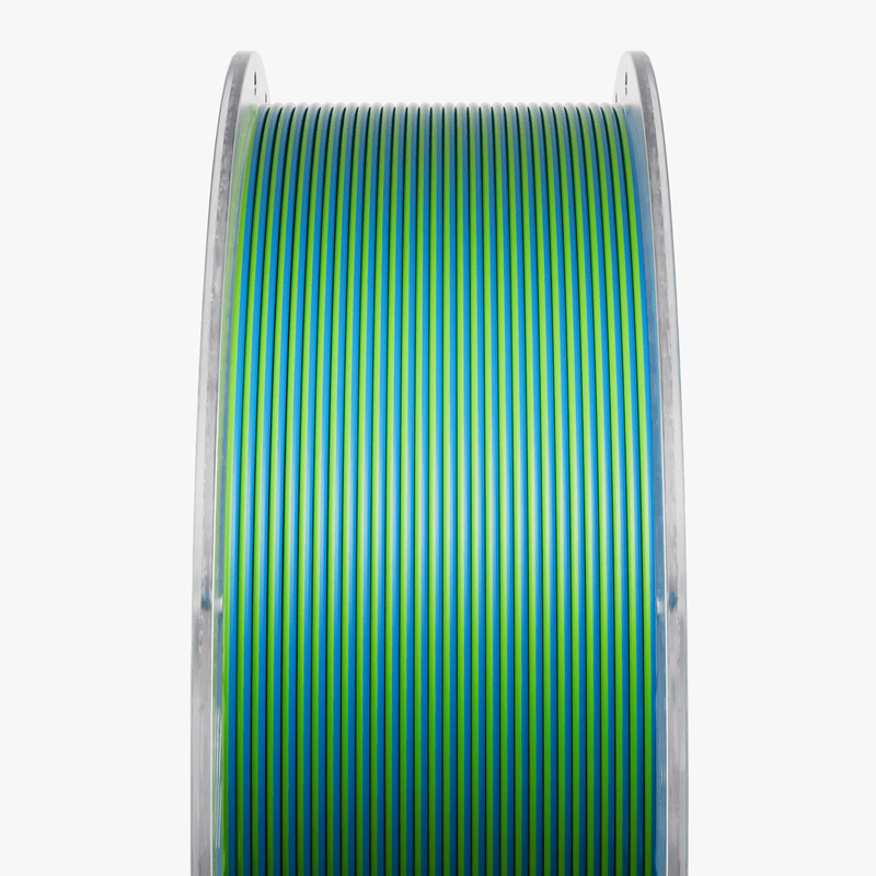 Amolen PLA Silk dual color filament 1.75mm, 1kg spool showing vibrant, shiny 3D printing filament with color transition effects.