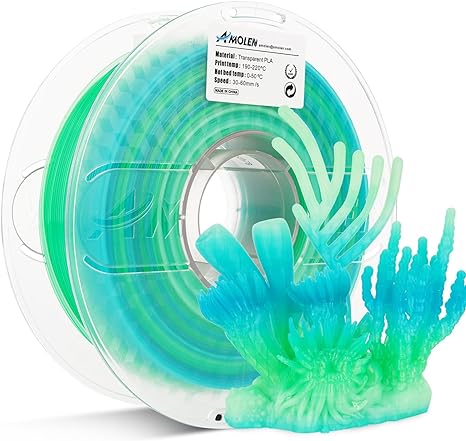 Amolen PLA Crystal-Transparent 1.75mm filament spool, 1kg, showing clear, glossy 3D printing filament coiled neatly.