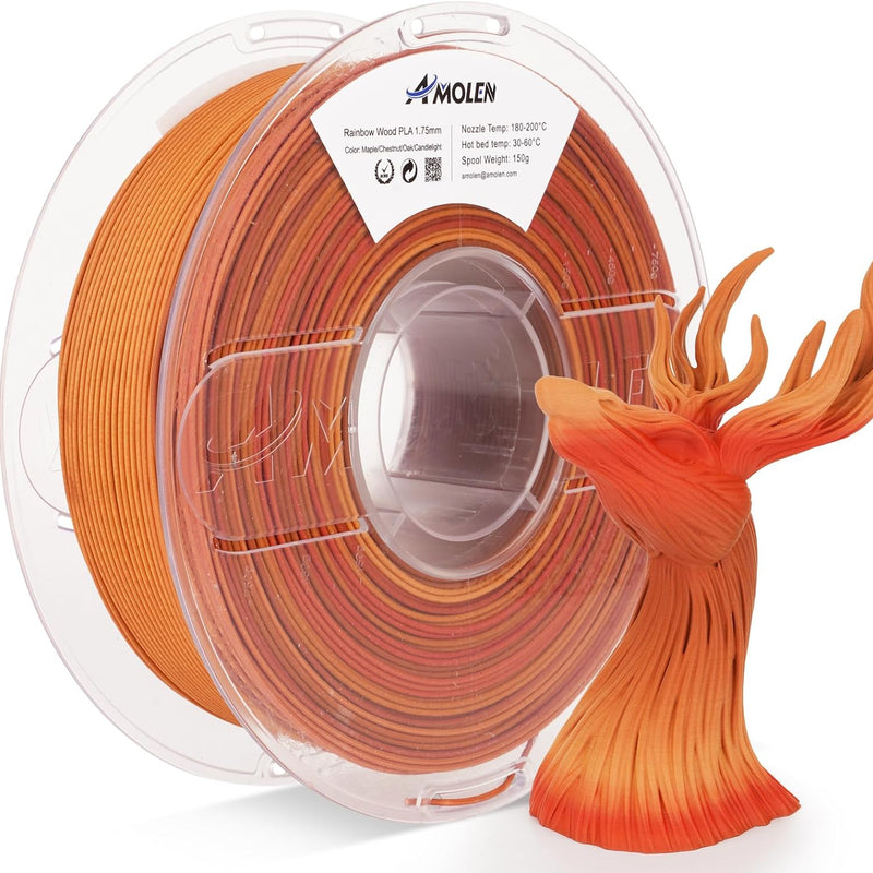 Amolen PLA Wood 1.75mm filament in 1kg spool, showing beige wood-like 3D printing filament for crafting projects.