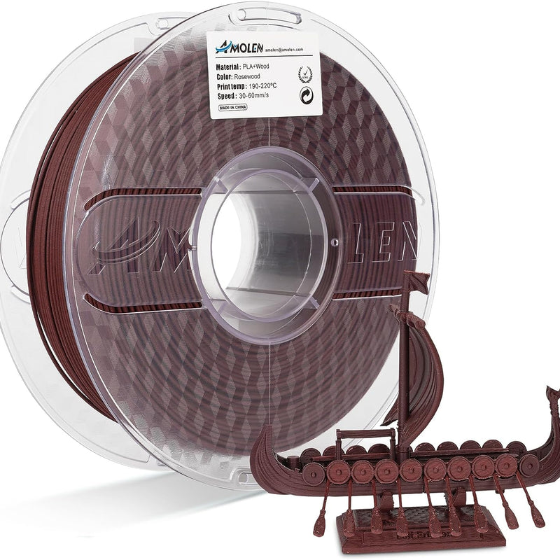 Amolen PLA wood 1.75mm filament spool showing natural wood-colored 3D printing filament on a reel.