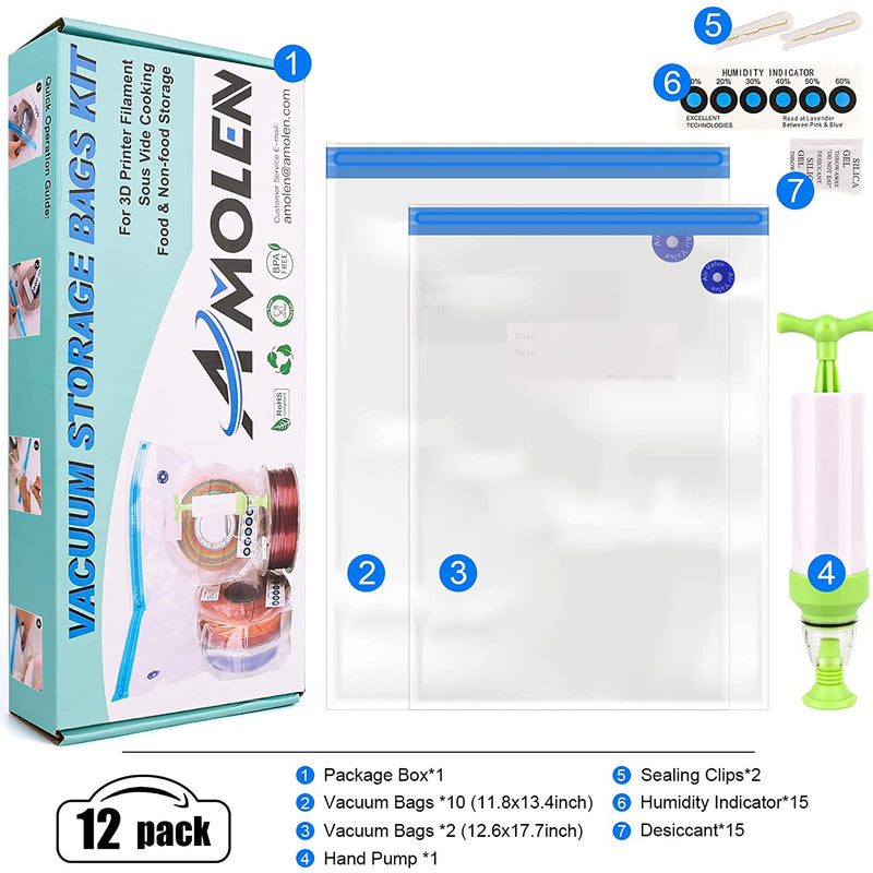Amolen vacuum filament storage kit in a clear storage bag, designed for organizing and protecting 3D printer filament spools.