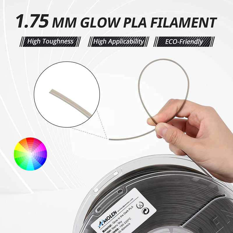 Amolen PLA glow-in-the-dark variety pack with four 200g spools of colorful, eco-friendly 3D printing filament.