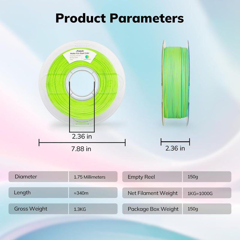 Amolen PLA matte dual filament 1.75mm 1kg spool, ideal for 3D printing with smooth, matte finish in bright colors