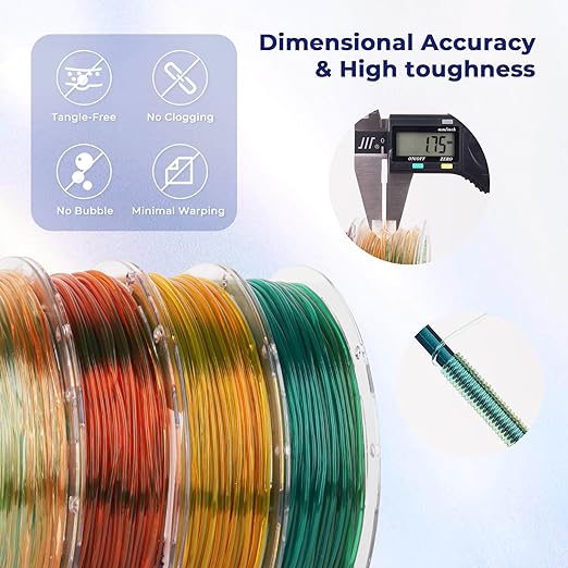 Amolen TPU flexible transparent filament in multicolor rainbow pack, showing four 200g spools of versatile 3D printing filament.
