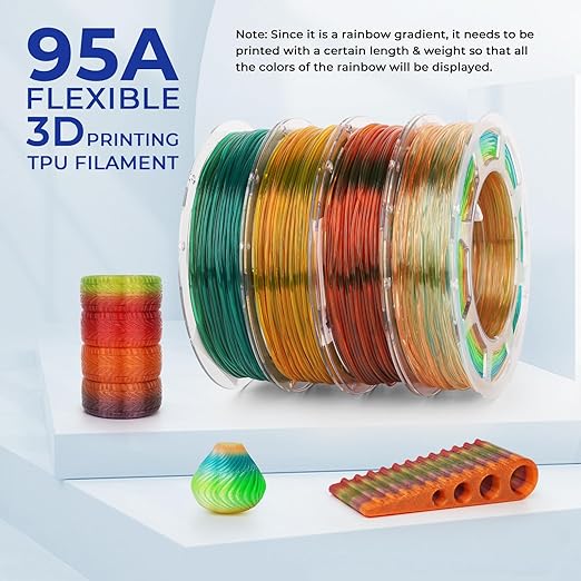Amolen TPU flexible transparent rainbow variety pack with four 200g multicolor TPU filaments for 3D printing.