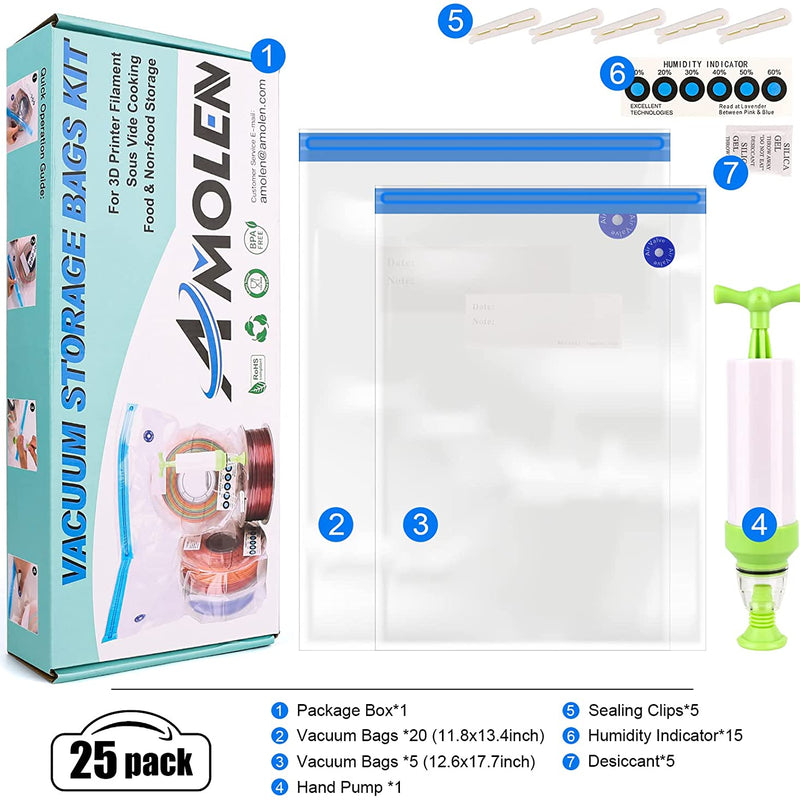 Amolen vacuum filament storage kit in a resealable storage bag to keep 3D printer filament organized and fresh.