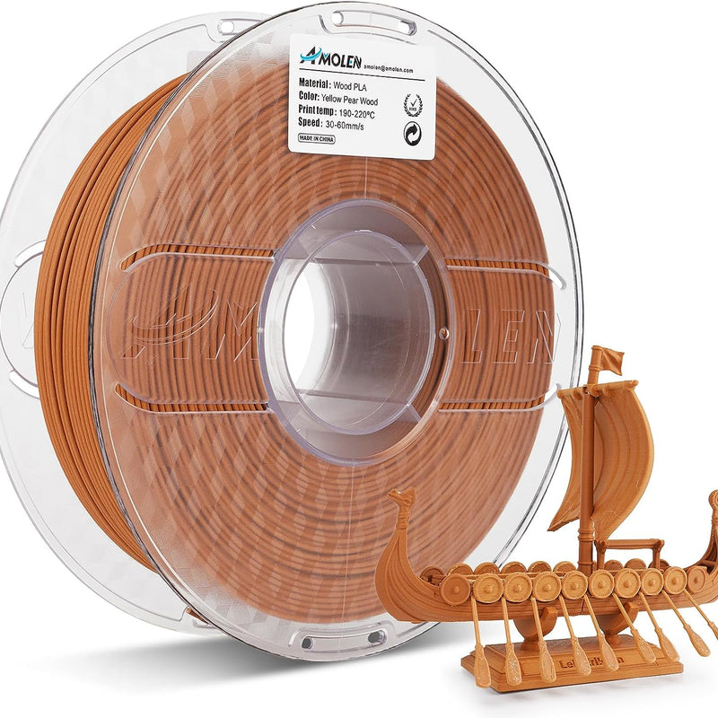 Amolen PLA Wood filament 1.75mm, 1KG spool showing natural wood-colored 3D printing filament on a reel.