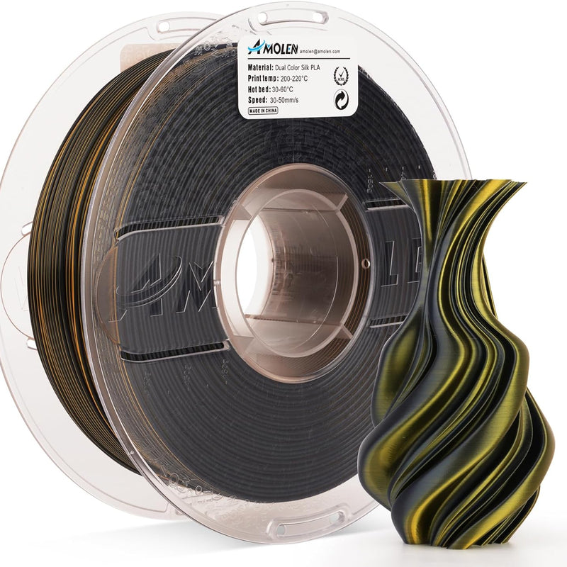 Amolen PLA Silk dual color filament, 1.75mm, 1kg spool, showcasing vibrant, shiny 3D printing filament for creative projects.