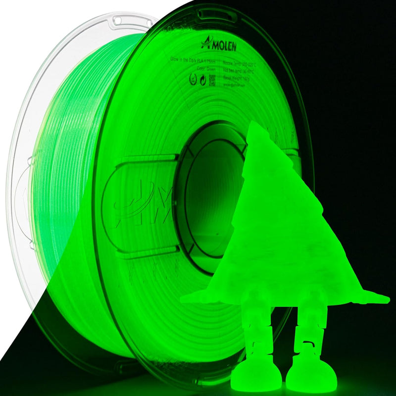 Amolen PLA glow-in-the-dark filament spool showing greenish filament in a clear plastic reel, 1.75mm diameter, 1kg weight.