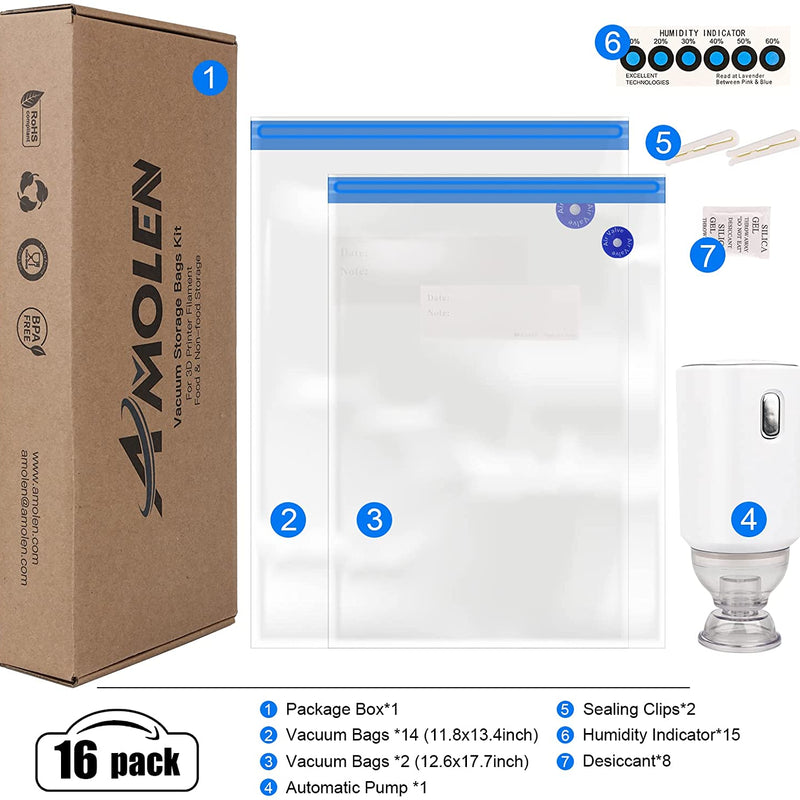 Amolen vacuum filament storage kit in a clear storage bag, designed to keep 3D printer filaments organized and protected.