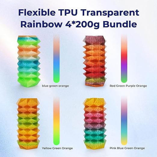 Flexible transparent TPU rainbow variety pack from Amolen with four 200g colors, showcasing colorful, versatile polymer material.