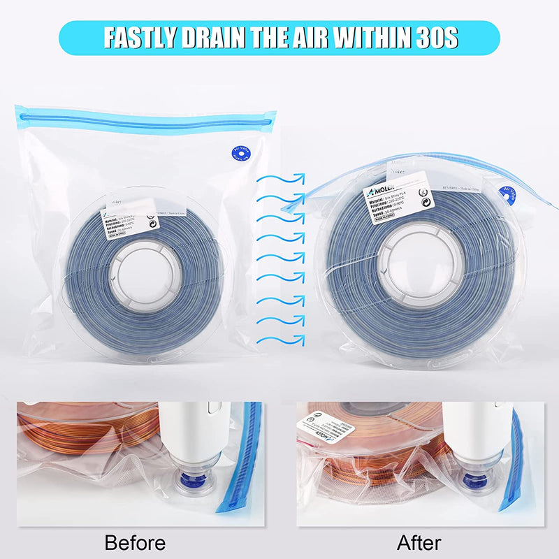 Amolen vacuum filament storage kit in a compact storage bag with vacuum seal for organized filament storage.