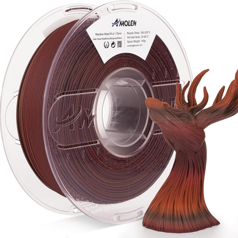 Amolen PLA wood filament 1.75mm, 1kg spool showing natural wood-textured 3D printing filament for 3D printers.