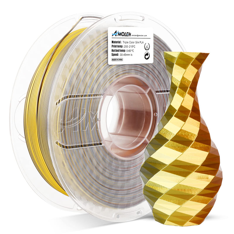 Amolen PLA Silk Triple Color 1.75mm filament spool, 1kg, showcasing vibrant multicolor 3D printing filament.