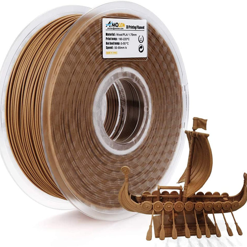 Amolen PLA Wood 1.75mm 1kg filament for 3D printing, showcasing a spool of natural wood-colored PLA filament.