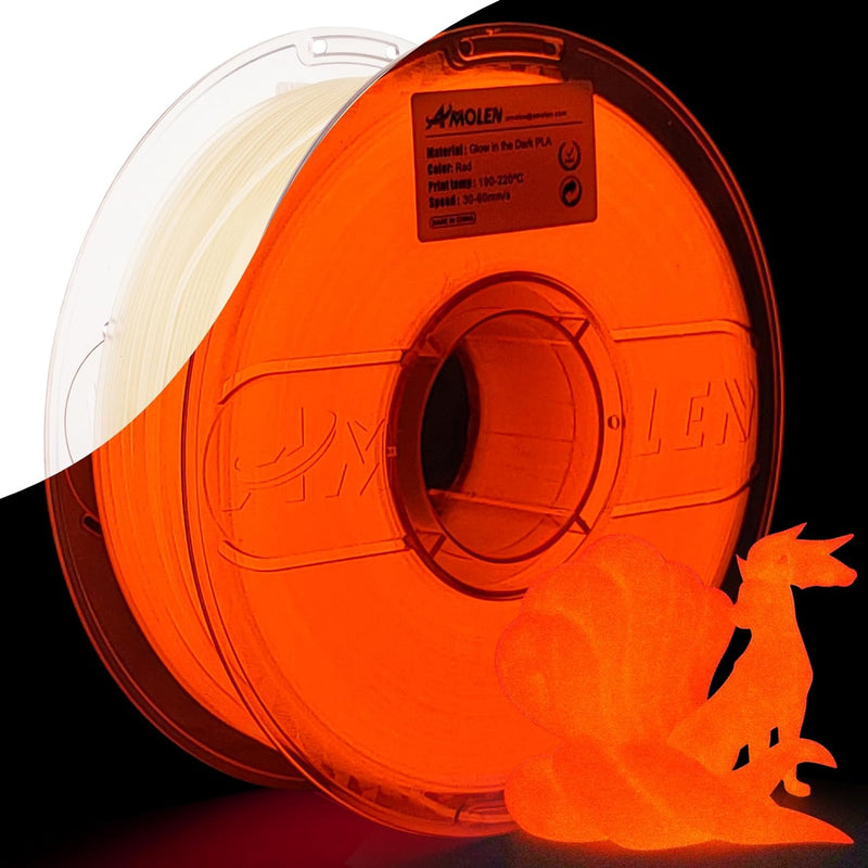 Amolen PLA glow-in-the-dark 1.75mm filament spool, 1kg weight, showing vibrant glowing filament in a 3D printing setup.
