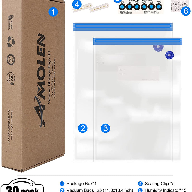 Amolen vacuum filament storage kit in a clear storage bag with vacuum seal for organized filament storage