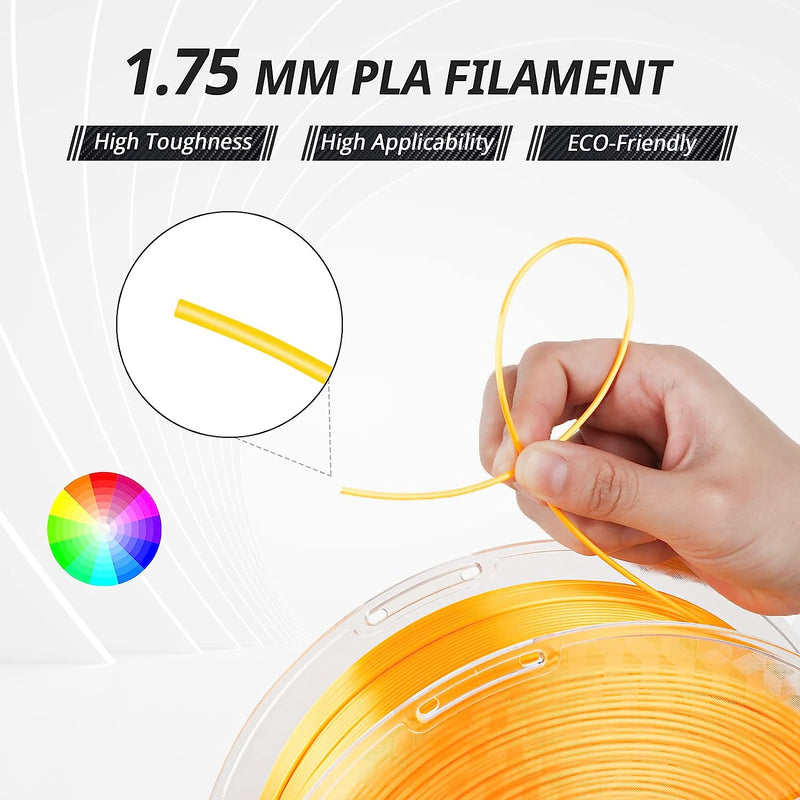 Amolen PLA Silk Basic Variety Pack with four 200g spools of 1.75mm filament in vibrant colors for 3D printing.