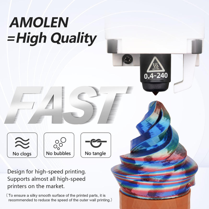 Amolen PLA Silk S-Series 4x1kg variety pack of 1.75mm filament for 3D printing, showing colorful filament spools.