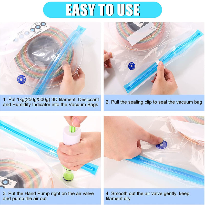 Amolen vacuum filament storage kit in a clear storage bag with a vacuum pump for organizing 3D printer filaments.