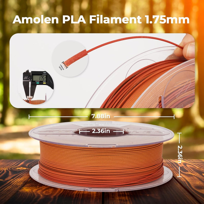 Amolen PLA wood filament 1.75mm for 3D printing, 1kg spool showcasing natural wood-like finish on a 3D printer extruder.